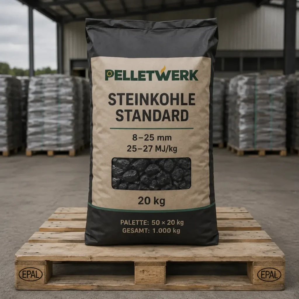 Standard-Steinkohle, Körnung 8–25 mm, 25–27 MJ/kg – Palette 1.000 kg (50 × 20 kg)