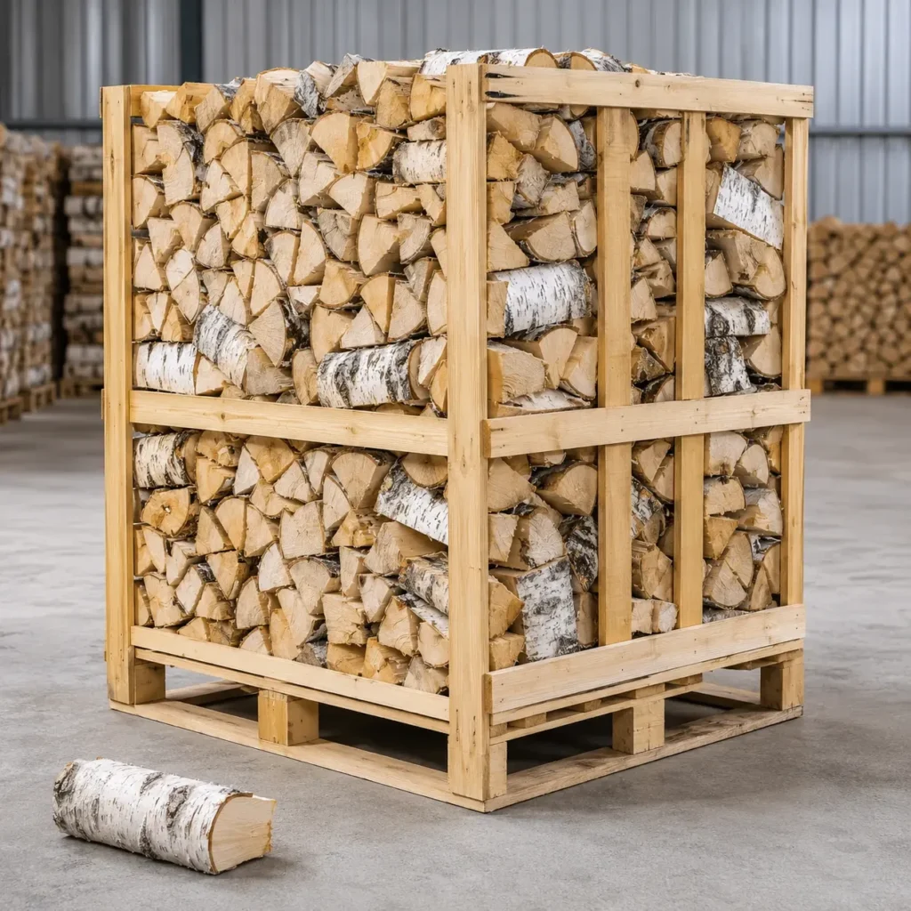 Trockenes Birkenbrennholz, ca. 25 cm – Palette mit 1 Ster gestapelt