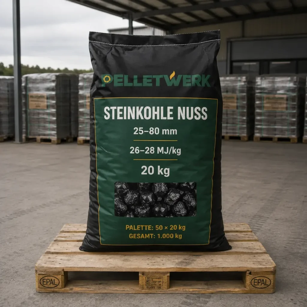 Steinkohle Nuss, Körnung 25–80 mm, 26–28 MJ/kg – Palette 1.000 kg (50 × 20 kg)
