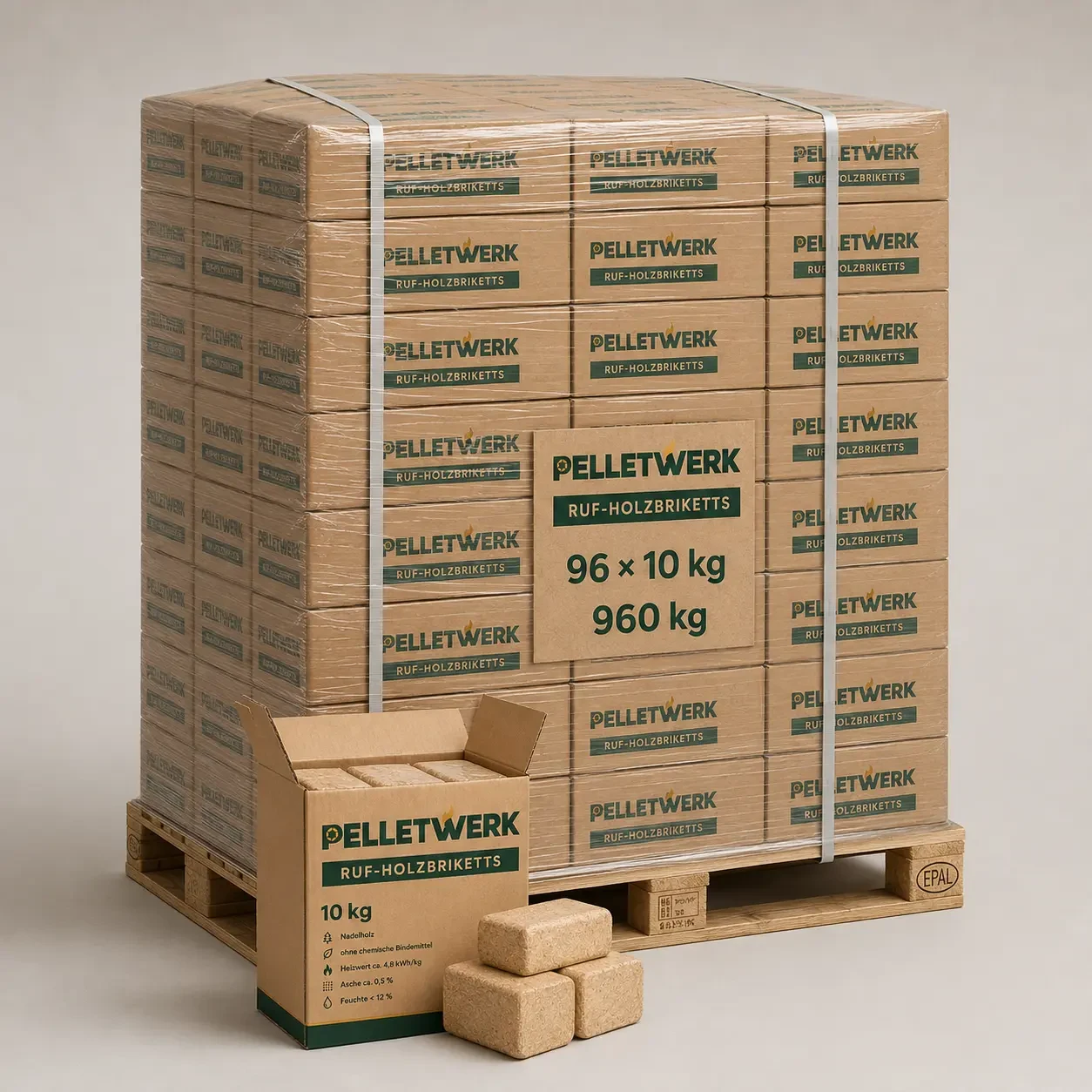 RUF Nadelholzbriketts – Palette 960 kg (96 × 10 kg)