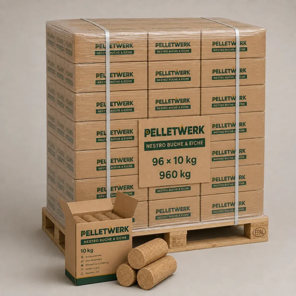 Nestro-Buchen-Eichenbriketts – Palette 960 kg (96 × 10 kg)