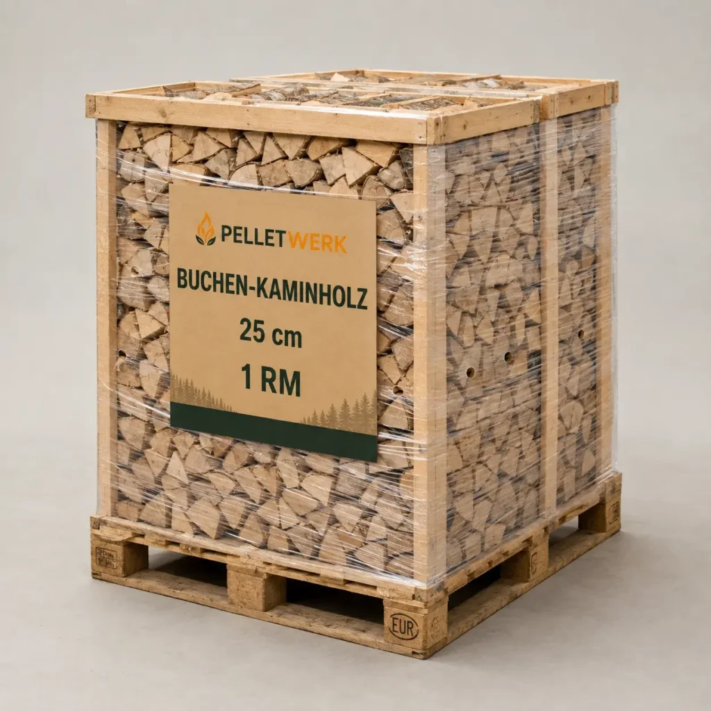 Trockenes Buchenbrennholz, 25 cm – Palette mit 1 Ster gestapelt