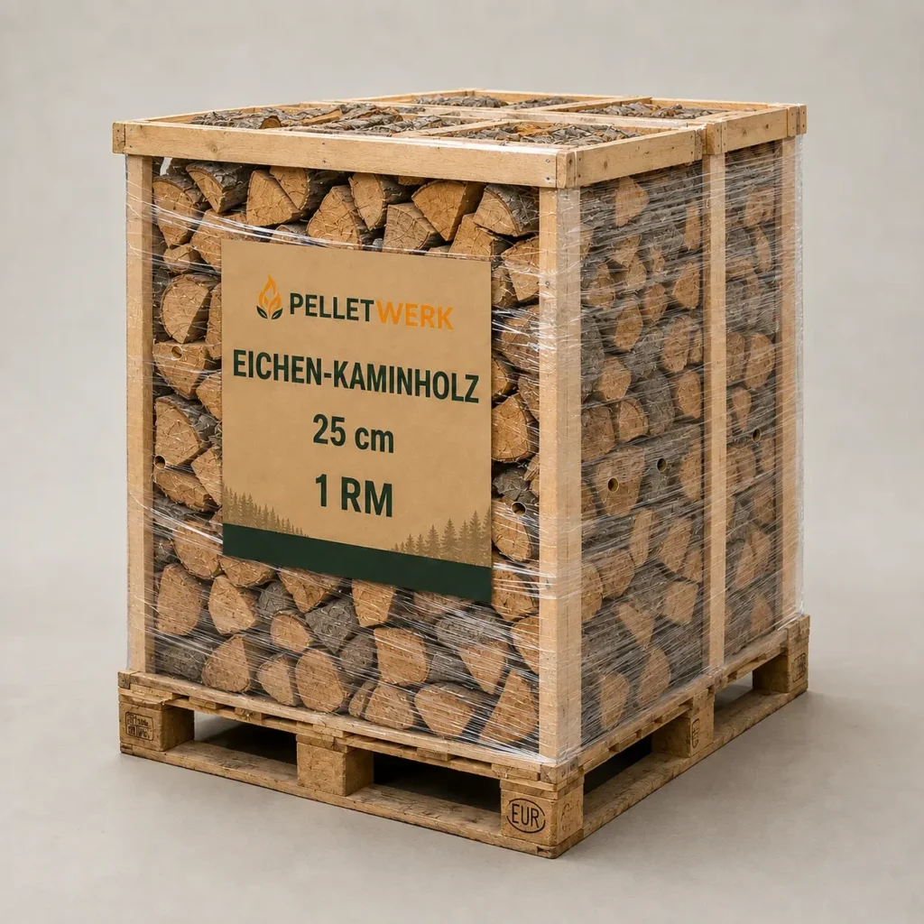 Trockenes Eichenbrennholz, 25 cm – Palette mit 1 Ster gestapelt