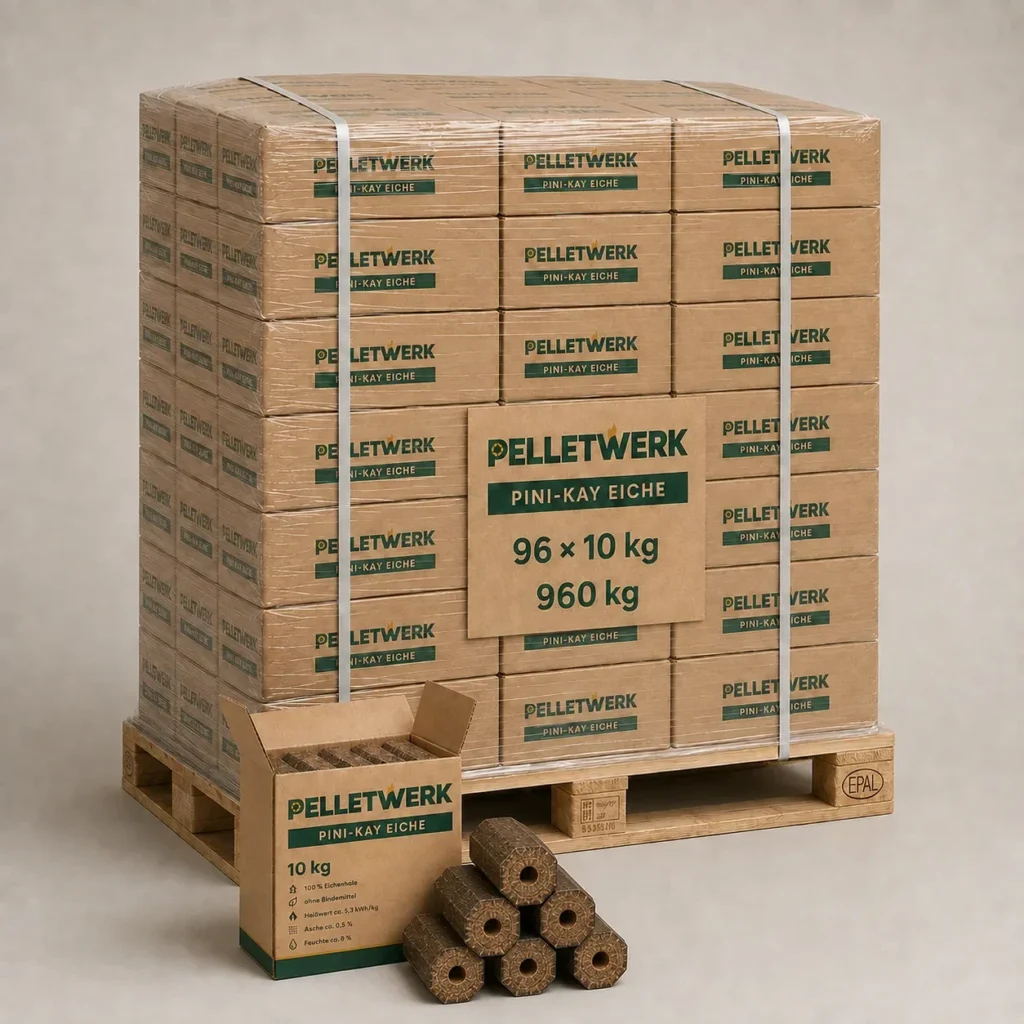 Pini-Kay-Eichenbriketts – Palette 960 kg (96 × 10 kg)