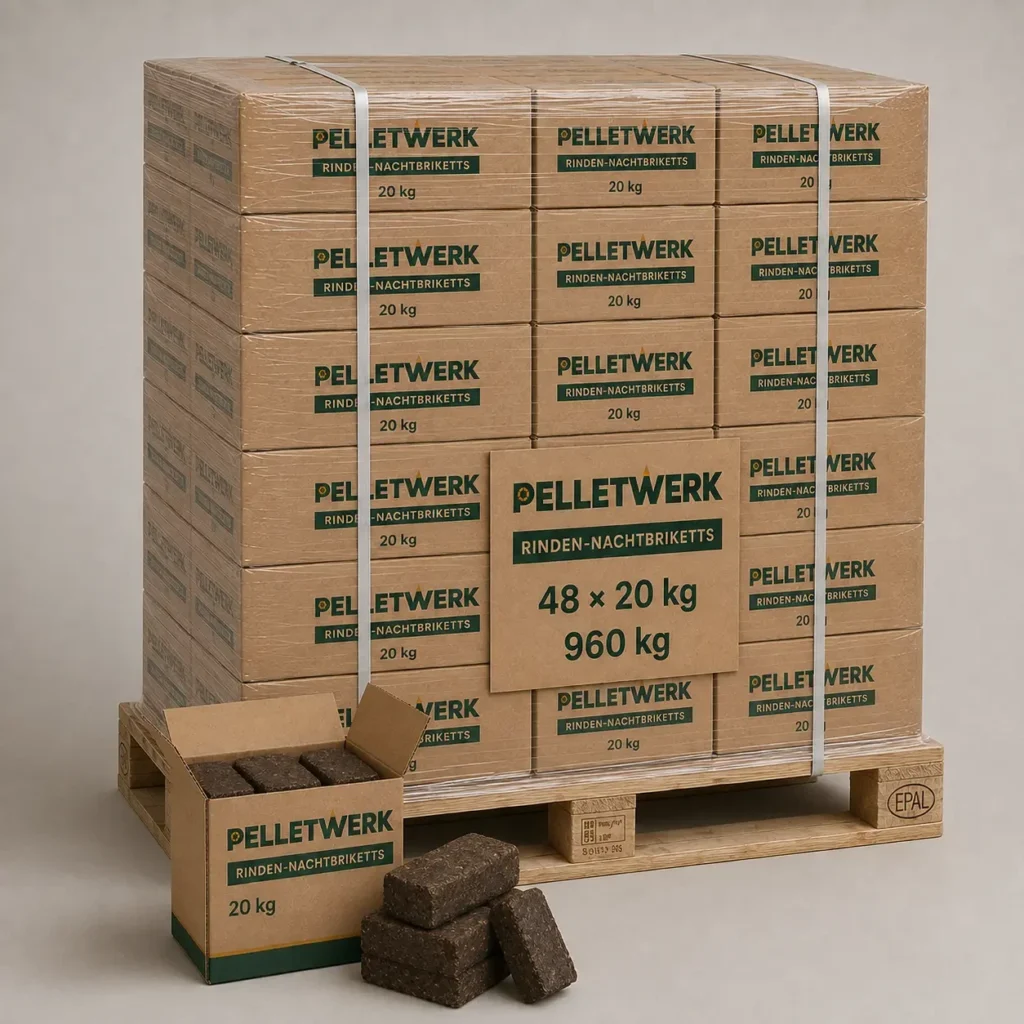 Rindenbriketts für lange Glut – Palette 960 kg (48 × 20 kg)